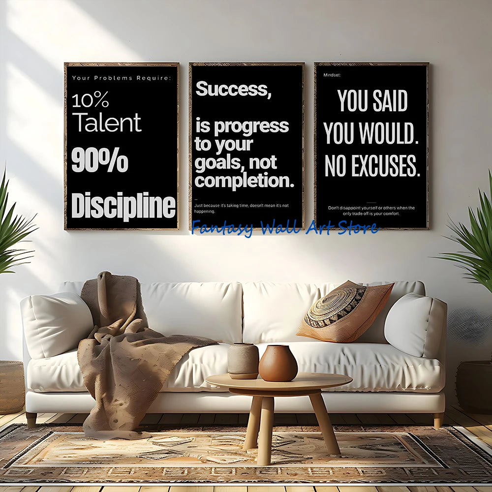 Three framed motivational canvas prints featuring quotes about talent discipline and success