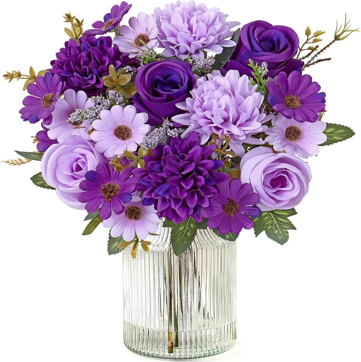 A vibrant bouquet of artificial silk roses and daisies in shades of purple and lavender.