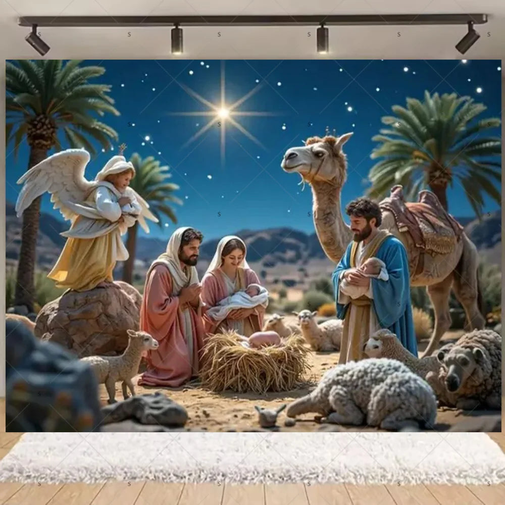 Starry Night Nativity Scene Backdrop for Christmas Celebrations