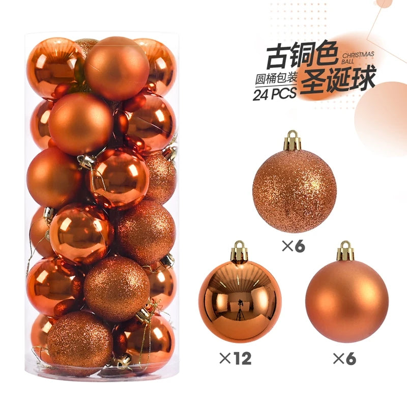 A set of 24 gold colored Christmas ball ornaments packaged for holiday decoration.