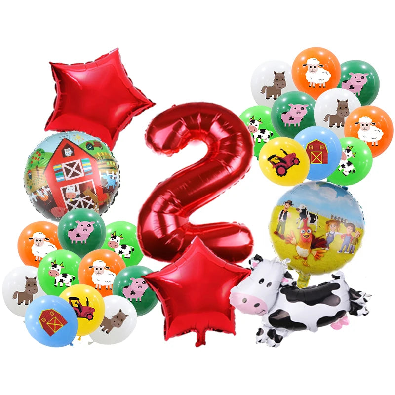 A collection of red and green balloons featuring farm animals like cows, pigs, and horses for a birthday party decoration kit