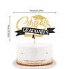 A white cake decorated with a black and gold glitter graduation topper featuring the word Graduates