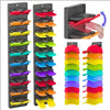 A wall-mounted hat organizer rack showing various colored hats stored in individual slots.