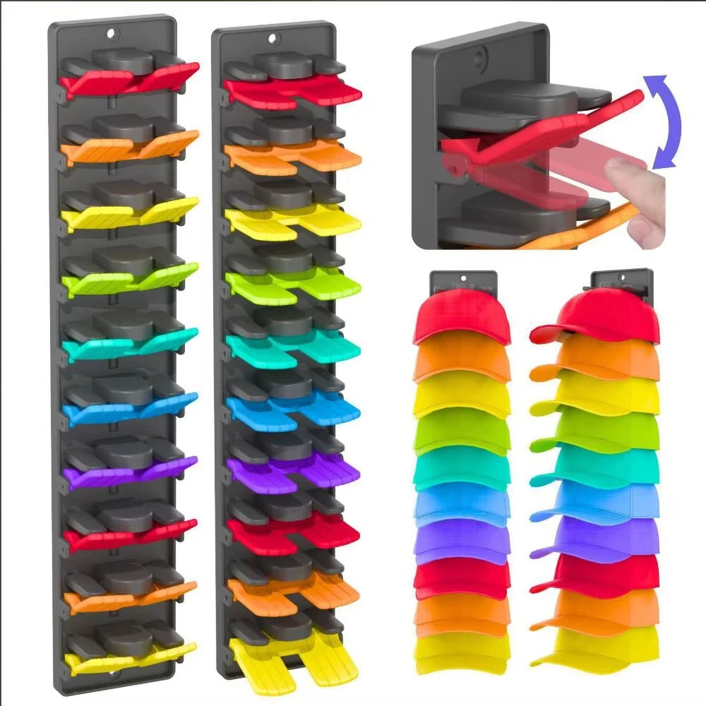 A wall-mounted hat organizer rack showing various colored hats stored in individual slots.