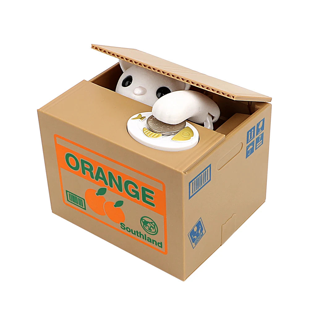 A cardboard box with an orange label featuring the word ORANGE, containing a white panda figure and a coin.