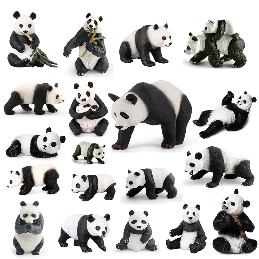 A collection of realistic panda life cycle figurines showing various poses and stages.