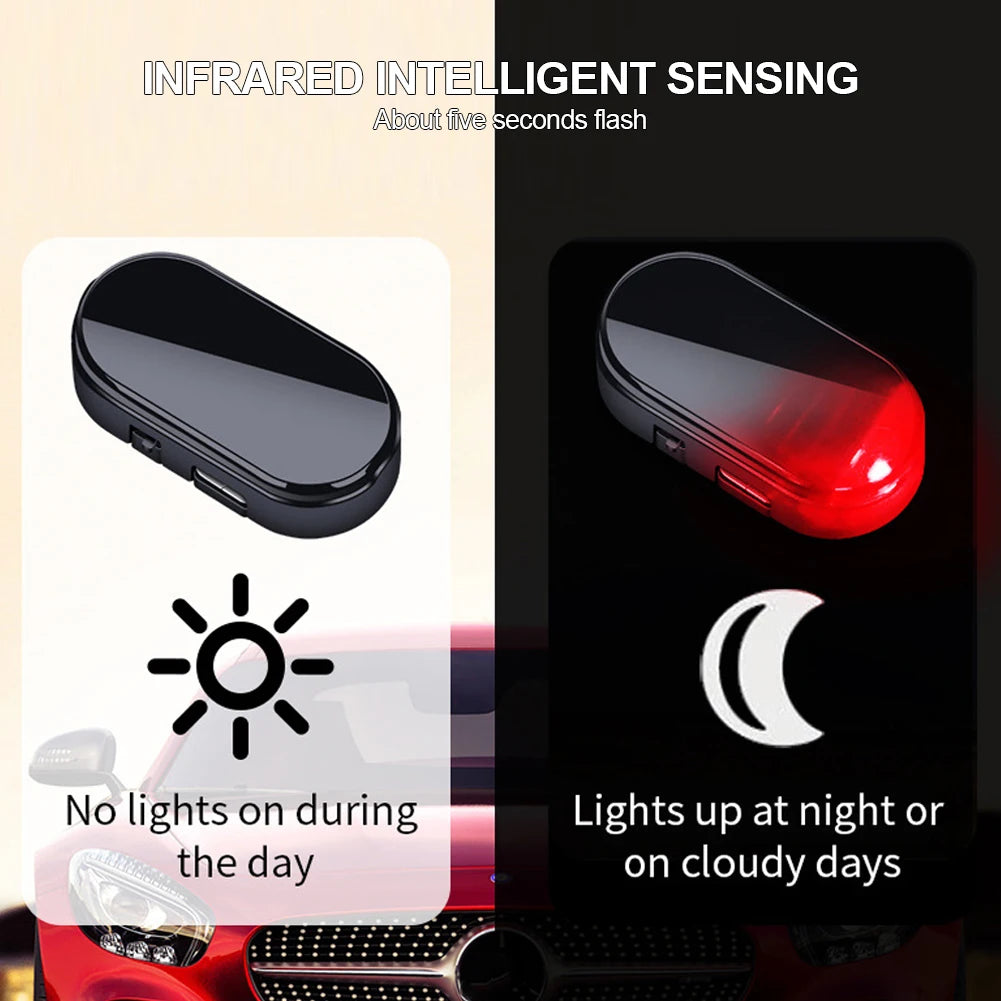 Infrared intelligent sensing light device shown on a car, demonstrating operation during the day and night.