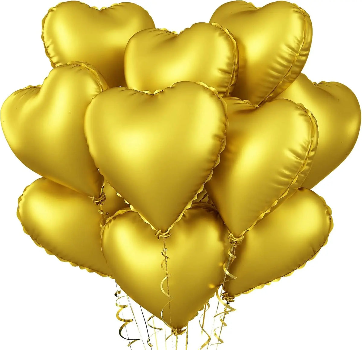 A bunch of shiny gold heart-shaped foil balloons tied together for a celebration