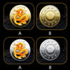 Two collectible coins, one gold-plated dragon coin and one silver version, displayed in separate square frames.