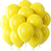 A cluster of bright yellow latex balloons floating against a white background.