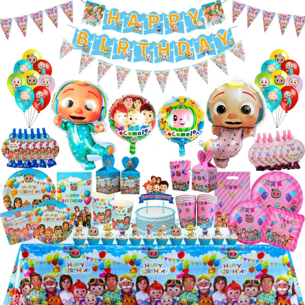 A colorful party supplies kit featuring balloons, plates, cups, and cake decorations for a Cocomelon birthday celebration.