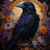 A dark raven with a textured black body is depicted in an ornate golden frame surrounded by purple and pink flowers.