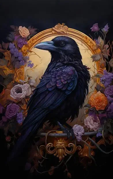 A dark raven with a textured black body is depicted in an ornate golden frame surrounded by purple and pink flowers.
