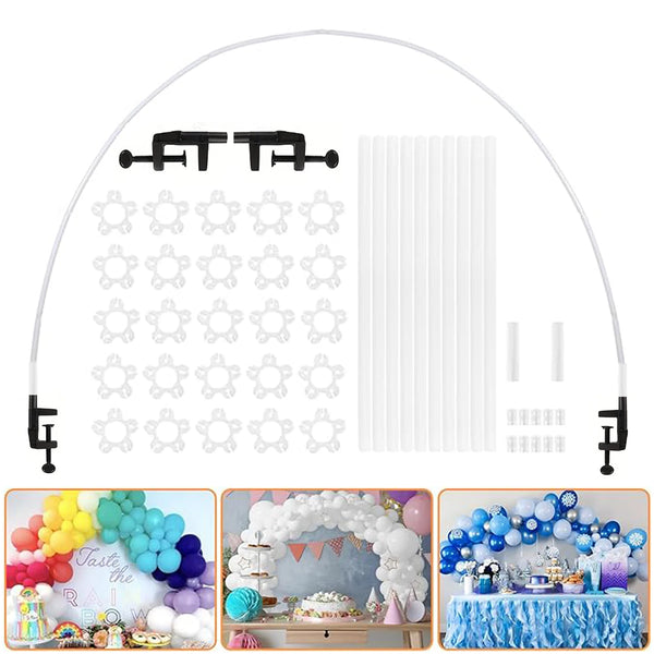 White table balloon arch kit with adjustable frame showing various balloon shapes and a finished display.