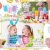 A colorful assortment of plastic shot cups for parties, including various colors and shapes, shown alongside children.