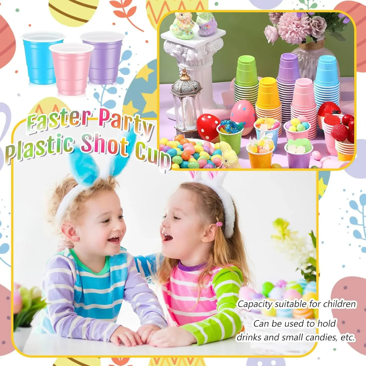 A colorful assortment of plastic shot cups for parties, including various colors and shapes, shown alongside children.