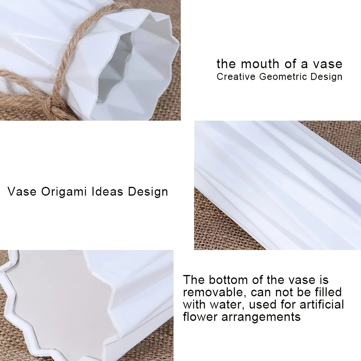White plastic vase with a creative geometric design and an origami fold pattern