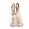 A pair of women in silver and cream dresses holding a pink rose, representing angel friendship.