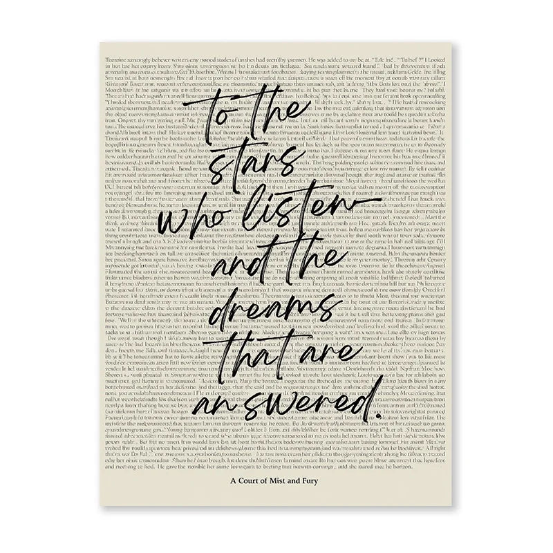 A minimalist literary poster set featuring a quote about stars and dreams on a light background.