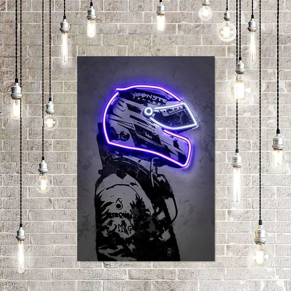 Neon motorcycle helmet canvas wall art hanging on a brick wall