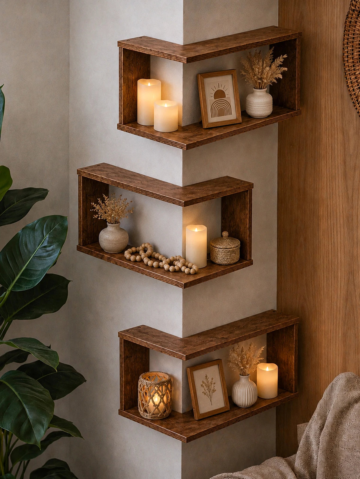 Corner Floating Wooden Wall Shelves for Home Decor