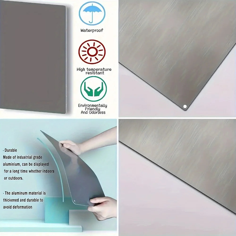 A metal sign featuring a dark gray panel, highlighting its waterproof, heat resistant, and durable qualities.