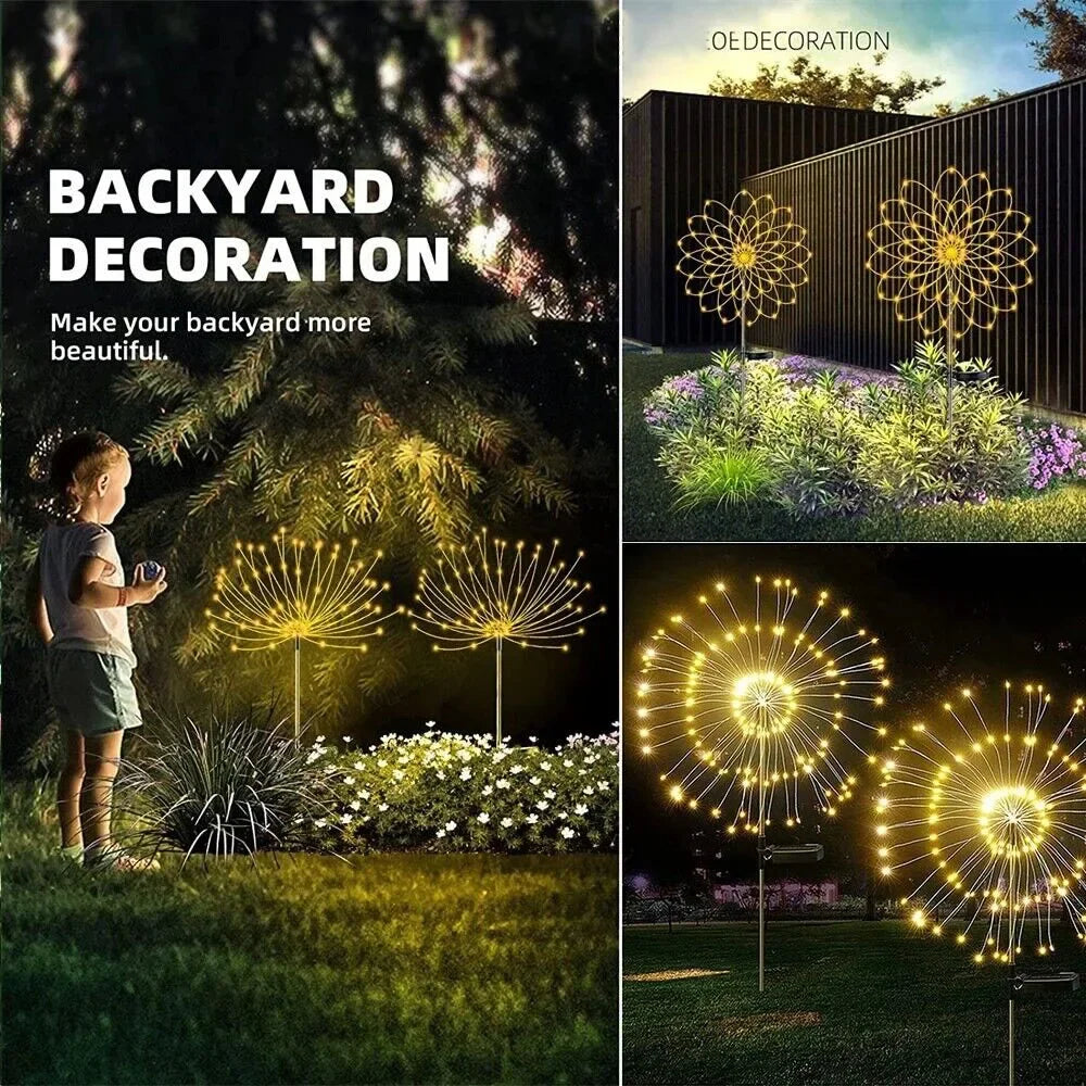 Scène de jardin avec des lumières de feu d'artifice solaires LED décoratives illuminant fleurs et feuillage.