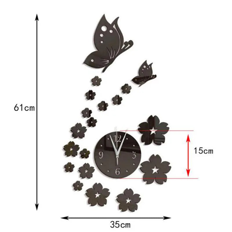 Modern acrylic wall clock featuring a butterfly and floral design on a black background.