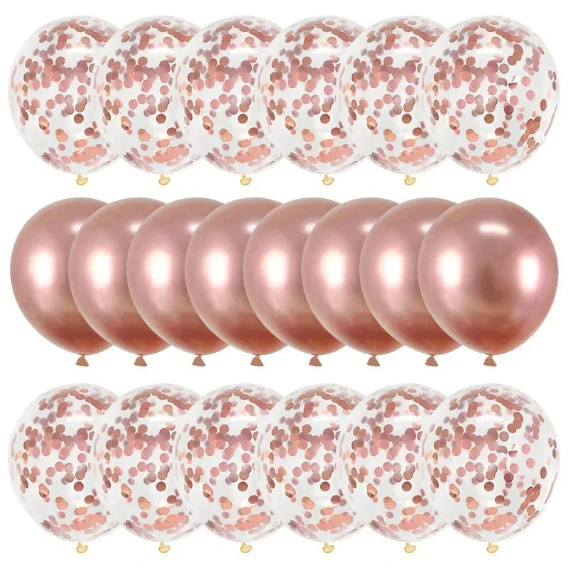 A pack of rose gold confetti balloons used for parties and celebrations.