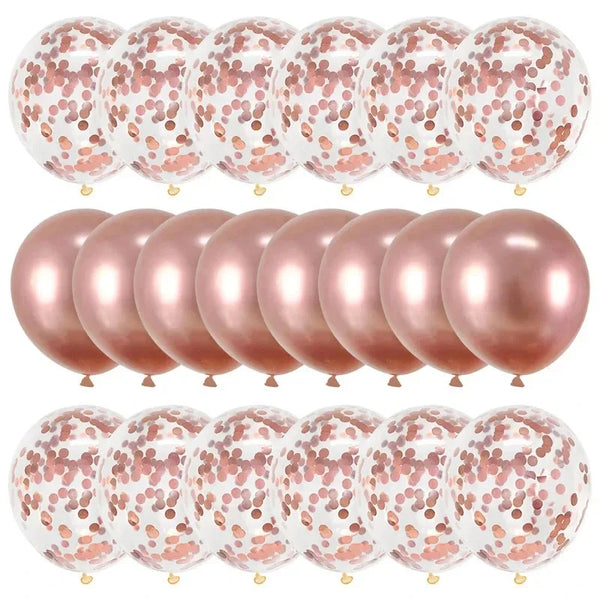 A pack of rose gold confetti balloons used for parties and celebrations.