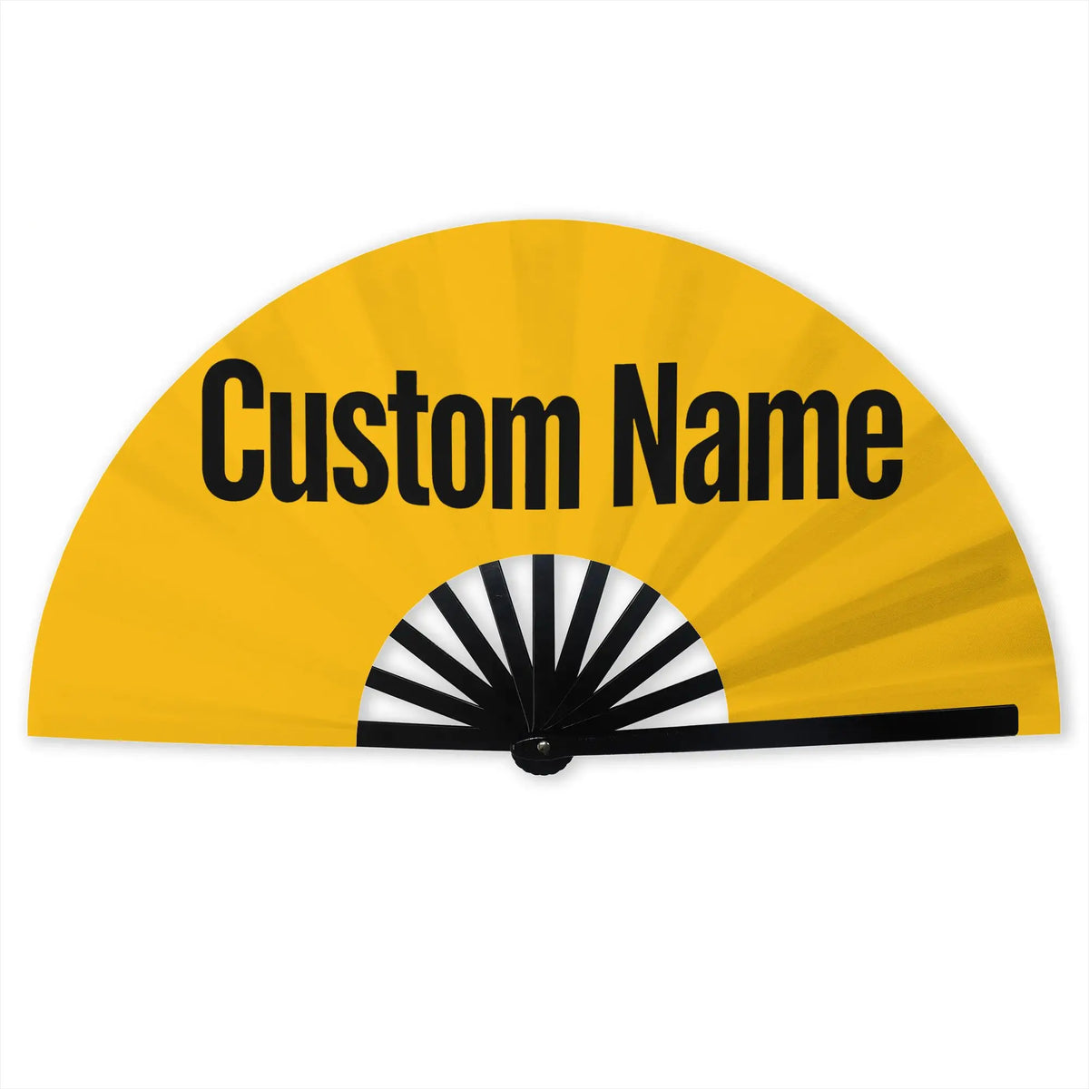 A yellow folding fan with sunburst design and the text Custom Name printed on it.