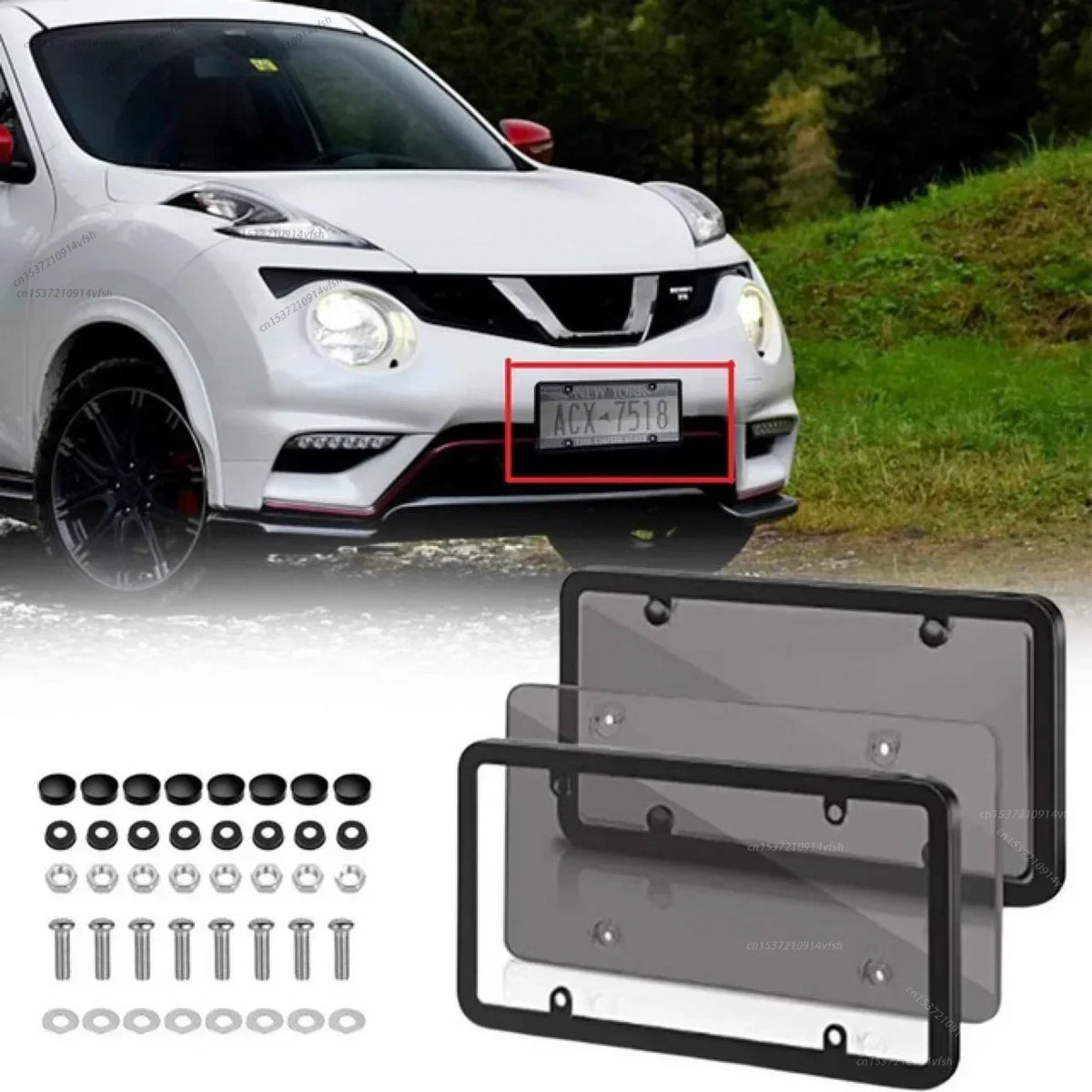 A white car with a license plate frame installed, next to various metal screws and a black license plate frame.