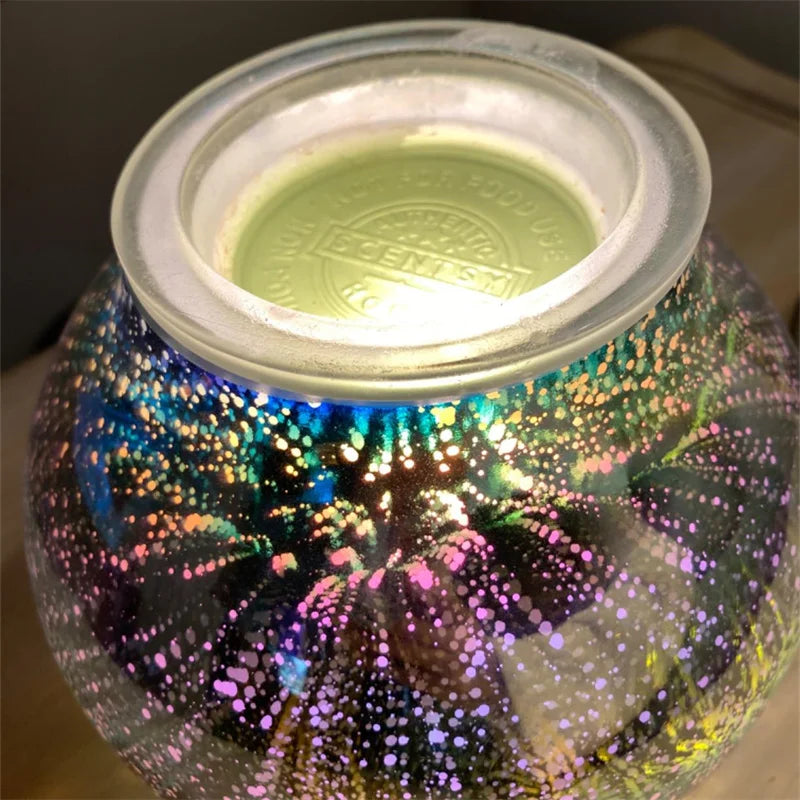 A glass jar filled with colorful wax and a clear lid, showing the E12 candelabra base for a candle.
