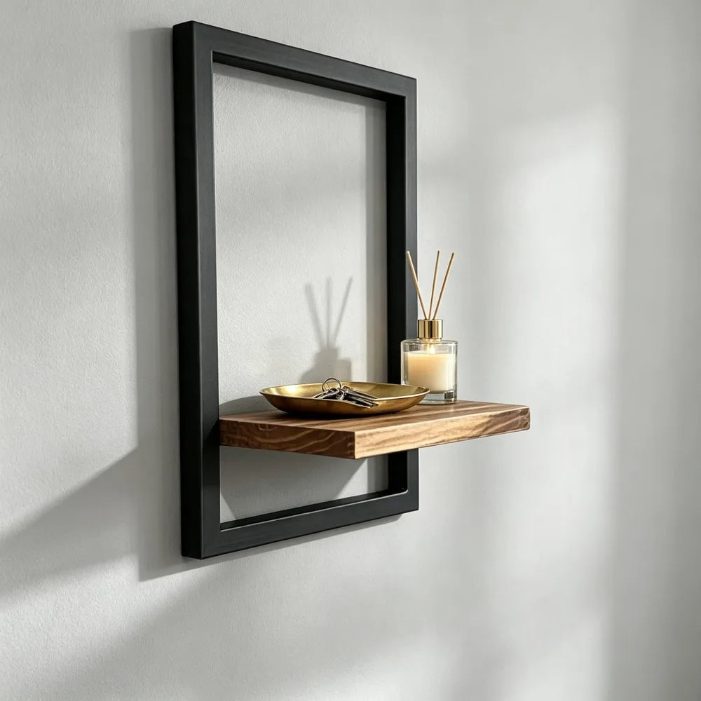 A black wooden floating wall shelf displaying a glass jar candle and a set of wooden sticks.
