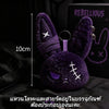 A dark purple fluffy bunny plush toy with stitched features and a silver keyring.