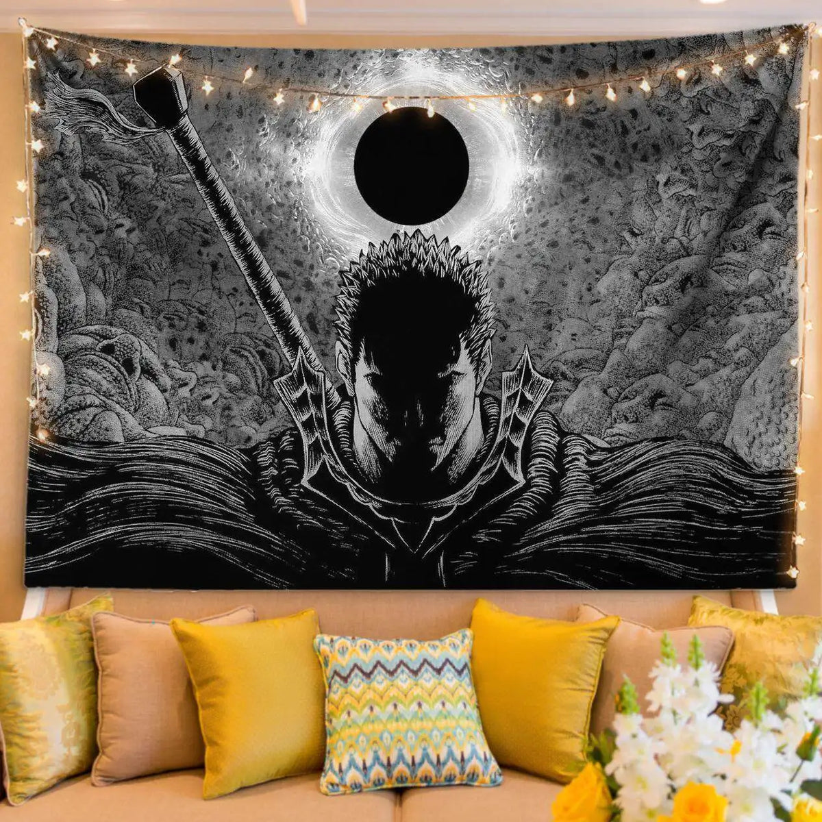 A dark, dramatic manga art tapestry featuring a fierce character with a large moon in the background.