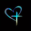 A neon blue heart shape with a cross inside, designed as a decal for vehicles.