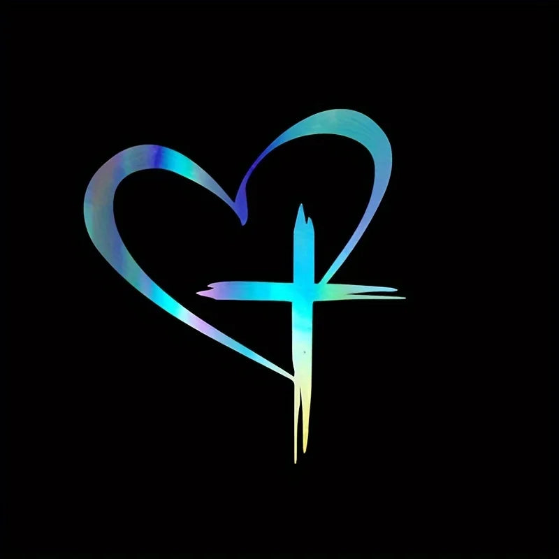 A neon blue heart shape with a cross inside, designed as a decal for vehicles.