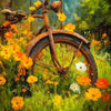 A vintage bicycle rests in a lush green field with yellow and orange wildflowers under dappled light.