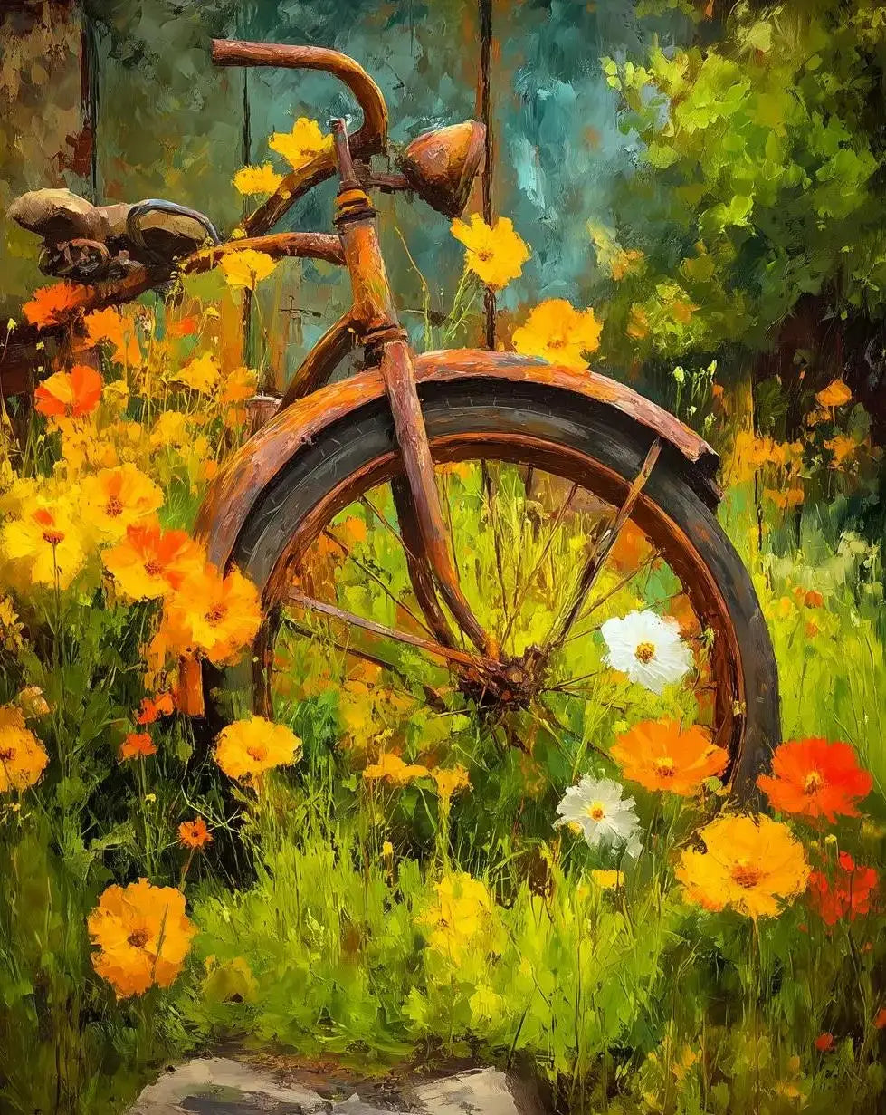 A vintage bicycle rests in a lush green field with yellow and orange wildflowers under dappled light.