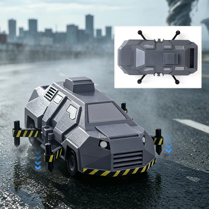 A gray armored vehicle model is shown driving on a wet road, with an inset showing the top view of the vehicle.