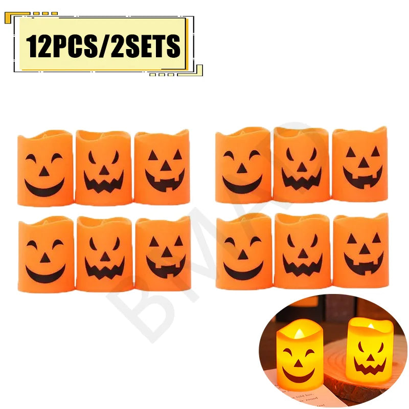 Twelve sets of orange pumpkin and skull shaped flameless LED candles for Halloween decor
