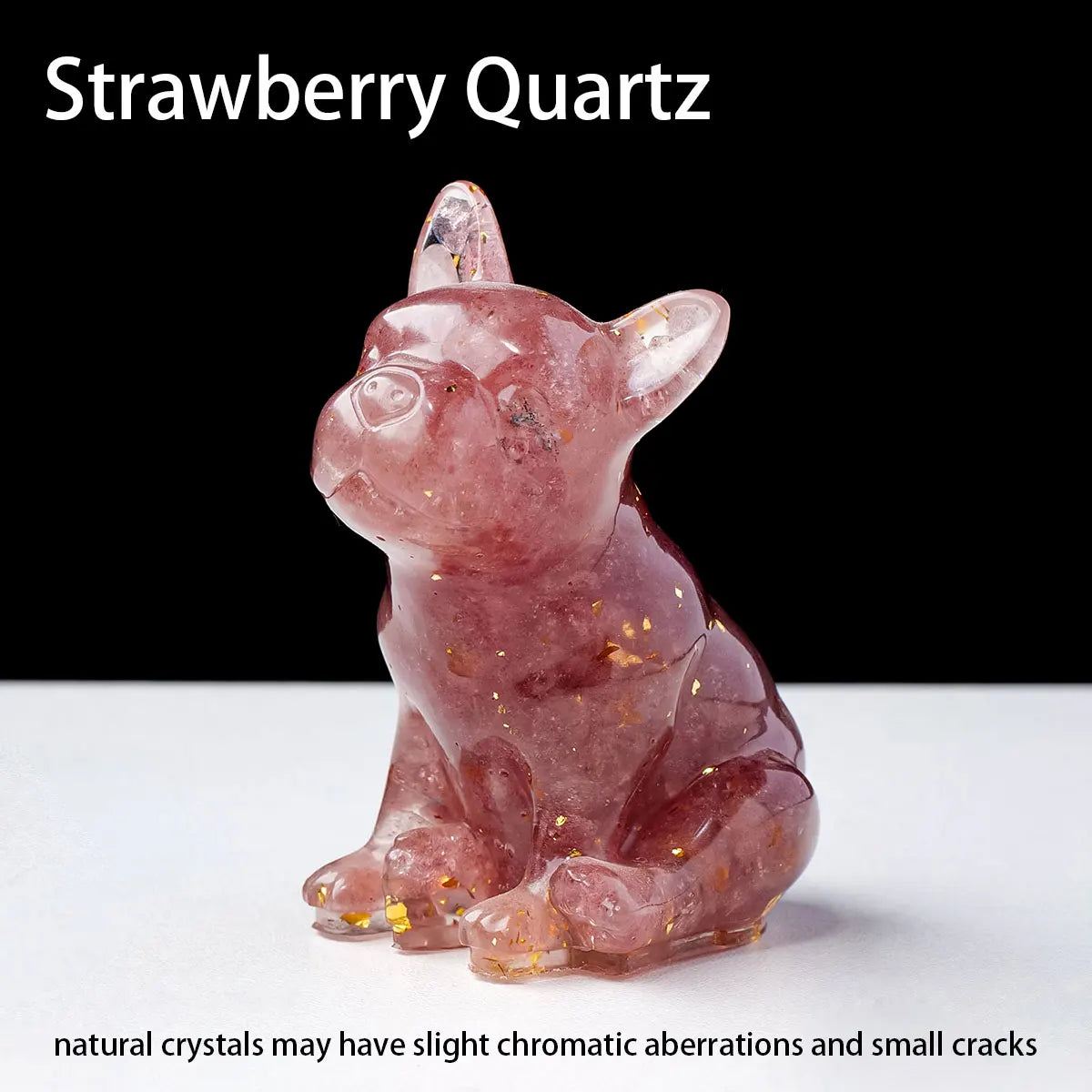 A pink strawberry quartz dog statue in a sitting position on a white surface.
