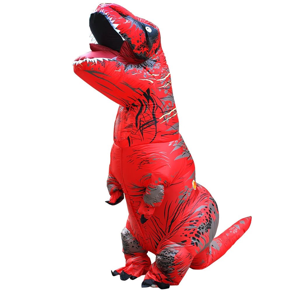 A full red inflatable adult T-Rex costume with black detailing.