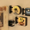 Retro coffee corner magnetic fridge decor featuring a glowing sign with a cat and coffee text