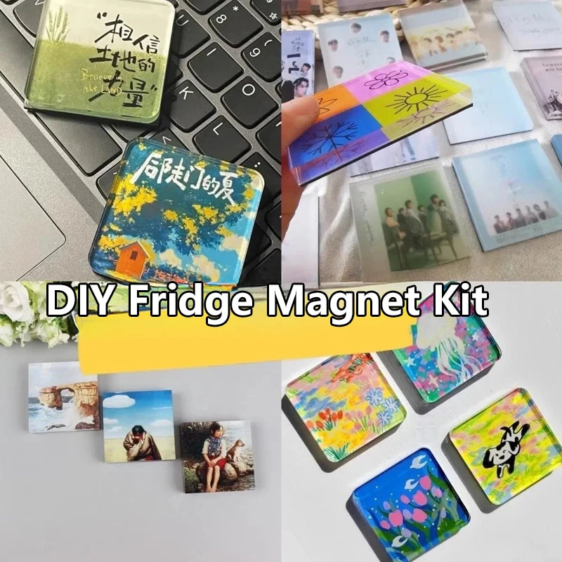 A collection of colorful DIY acrylic fridge magnets featuring various scenes and designs.