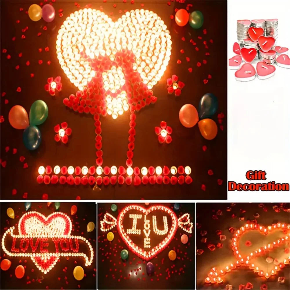Décoration en forme de cœur avec lumières brillantes et confettis rouges, accompagnée de plusieurs bougies de thé parfumées.