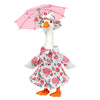 A decorative lawn goose costume set featuring a white body, pink floral print clothing, and a pink umbrella.