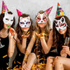 Four young women wearing blank white cat half masks for DIY decoration and cosplay