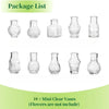 A package list showing ten clear glass bud vases of various shapes and sizes for home decor